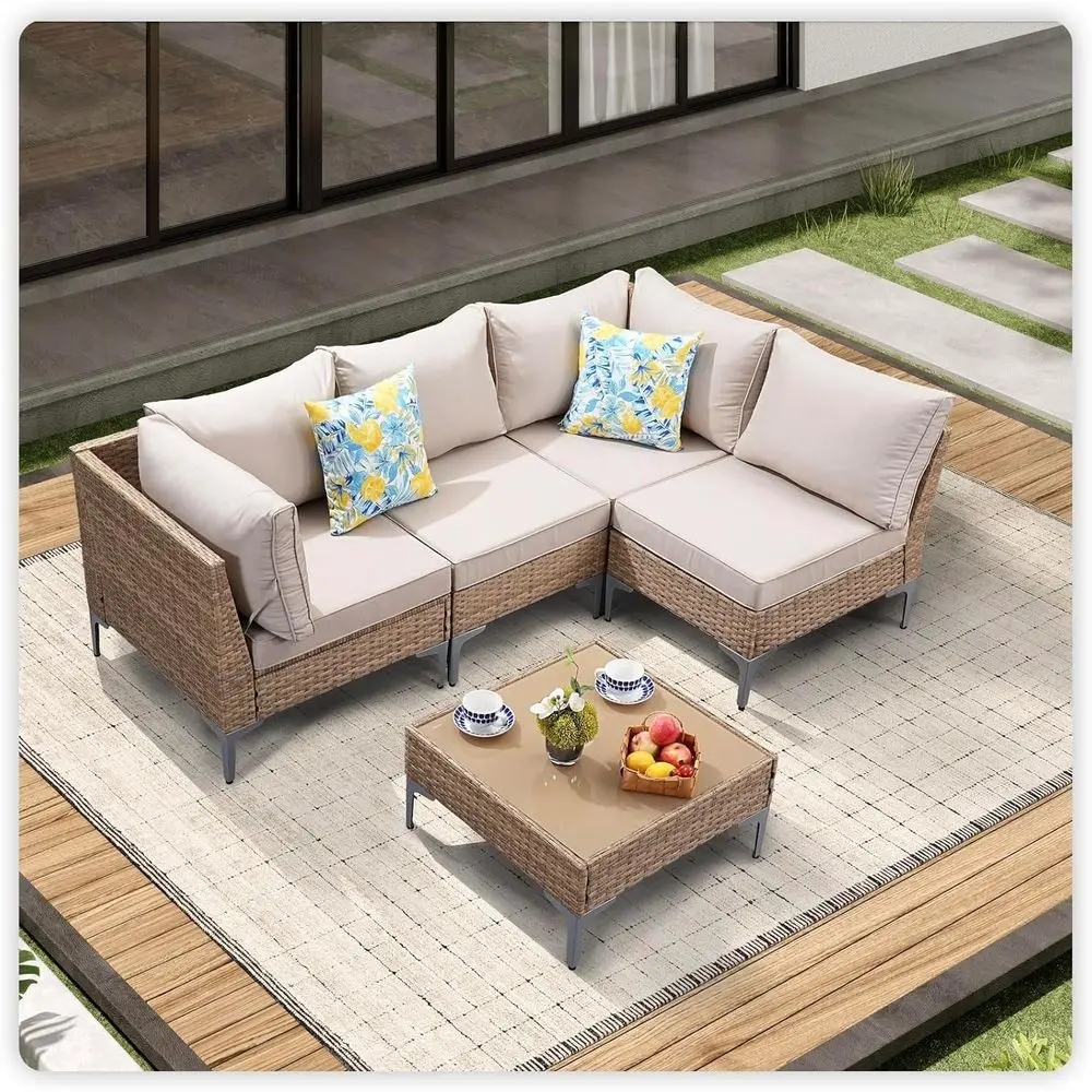 

5-Piece Beige Outdoor Wicker Sectional Sofa Set with Coffee Table and Cushions for Patio, Garden, and Poolside