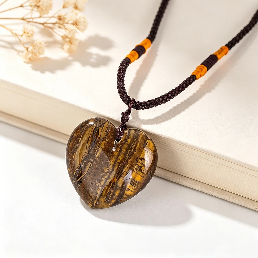 Natural Tiger Eye Stone Heart Shape Pendant Necklace Hand Braided Adjustable Cord Men Women Spiritual Crystal Fashion Jewelry