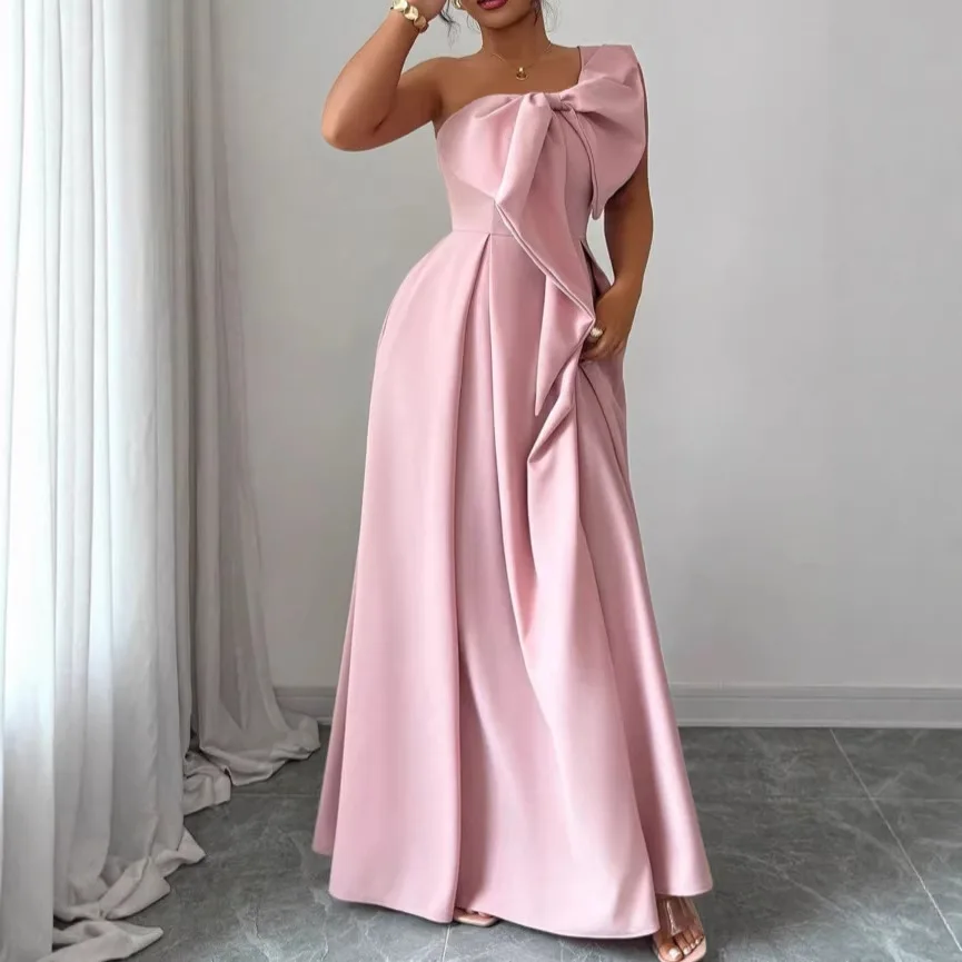 Single Shoulder Bow Elegant Birthday Party Women's Long Skirt High Waist Slim A-line Fashionable Solid Color Dinner Formal Dress