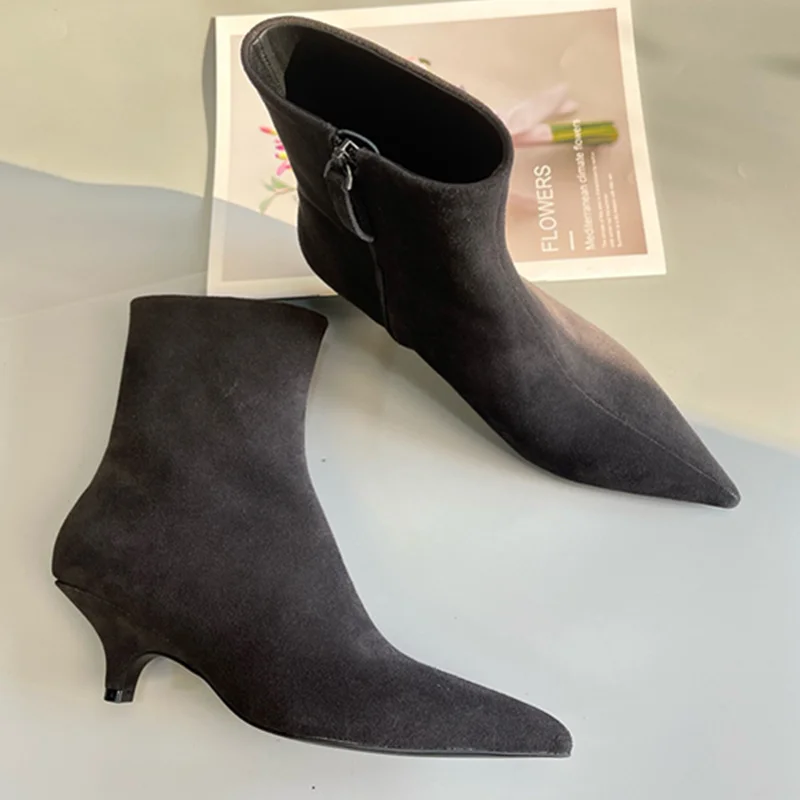 

Jenny&Dave Autumn Winter Genuine Leather Ankle Boots Women French Fshionable Elegant Pointed Toe Sheep High Heel Boots Shoes