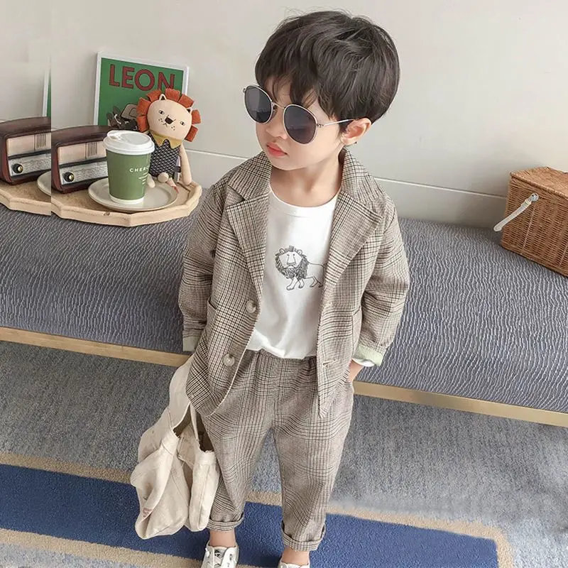 Plaid Formal wear Thin Outerwear Spring Autumn children\'s clothing Suit Kids Clothes Boys V-Neck Tops + pants 2 piece set