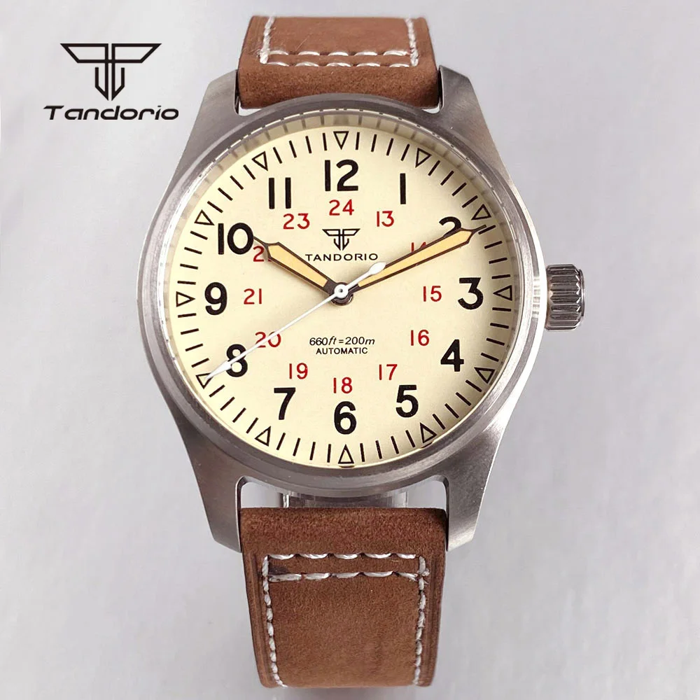 Tandorio 39mm Steel Automatic Pilot Watch AR Sapphire NH35/PT5000/Miyota8215 Model 20BAR Dive Men's Mechanical Wristwatch Lume