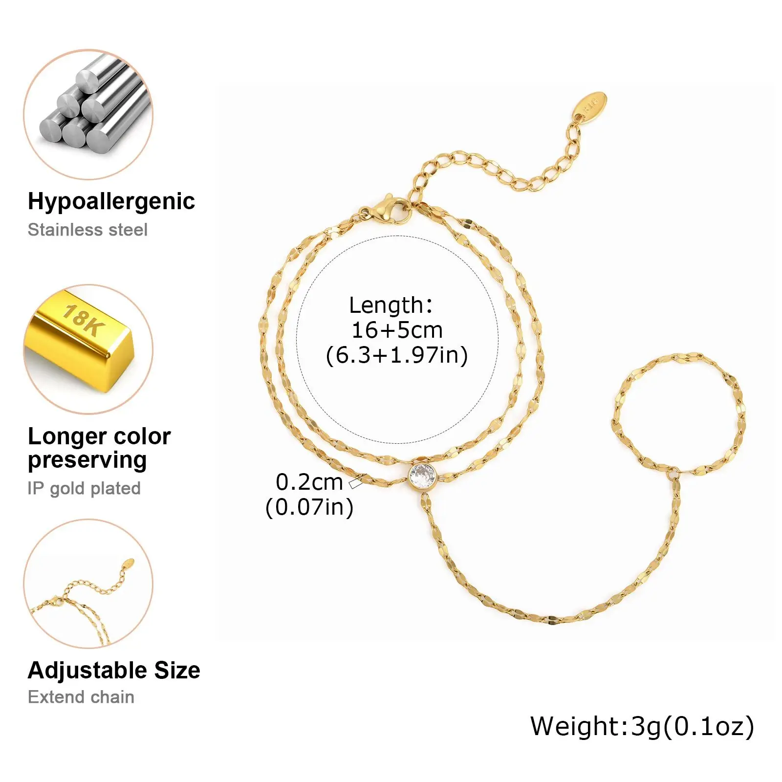 Stainless Steel Hand Chain Ring Bracelet for Women, Adjustable Gold Plated Double Layer Finger Bracelets Summer Party Jewelry