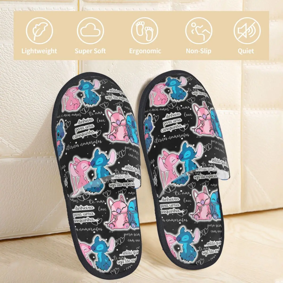 Winter Slippers Lilo Stitch Angel Love Accessories Household Fur Slippers Slides Bedroom Soft Non Slip Slides