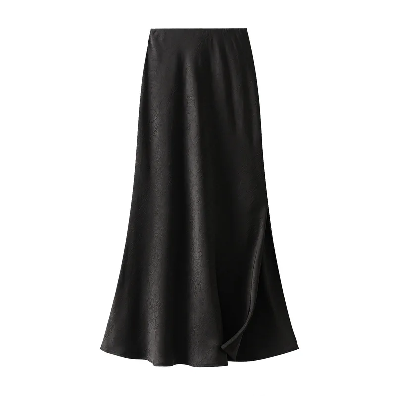 Purchase dark textured high-end satin purple half skirt, summer women's satin fishtail skirt, split and cool long skirt