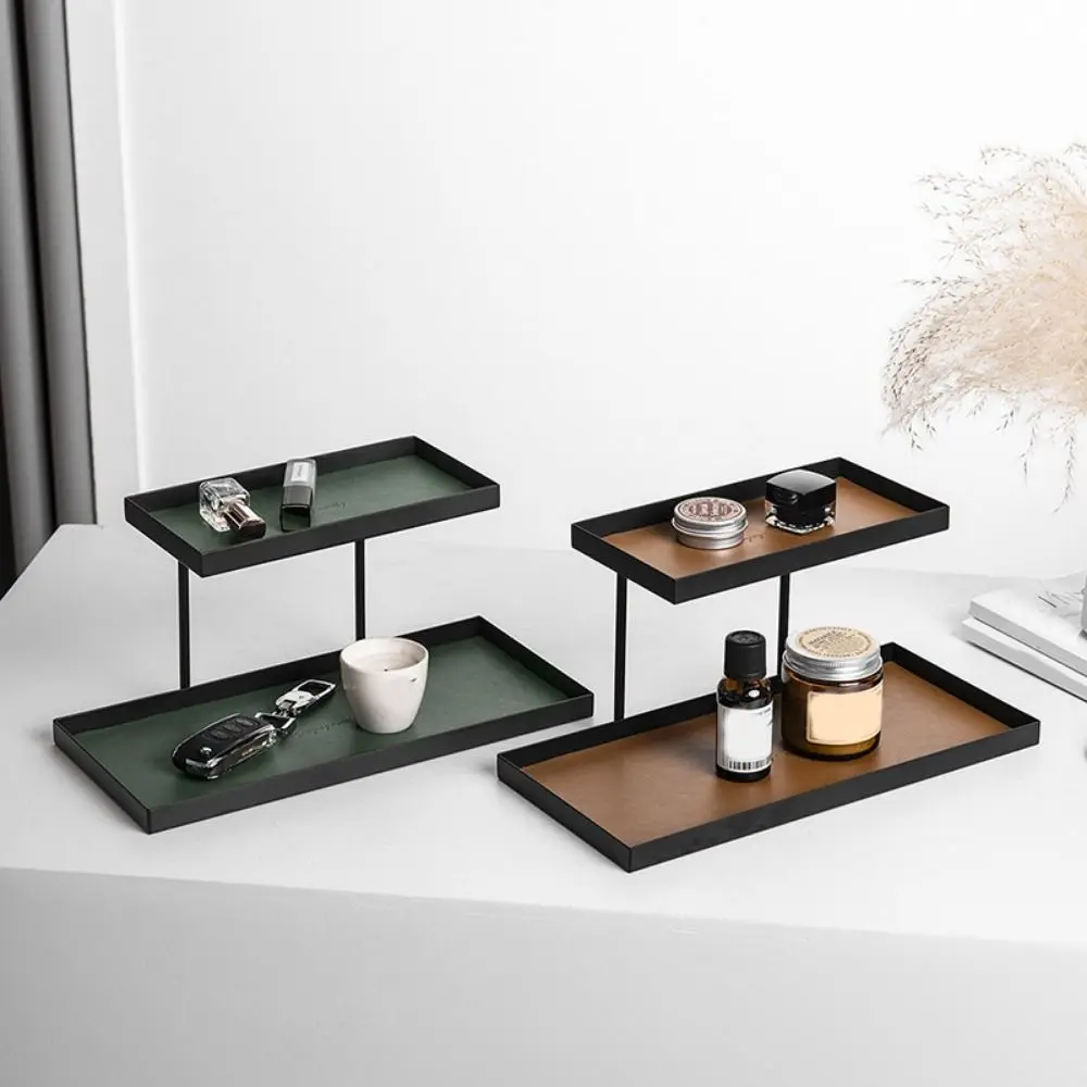 

Iron Double Layer Vanity Tray Rectangular Decorative Jewelry Key Holder Large Capacity Space Saving Dresser Tray Entryway
