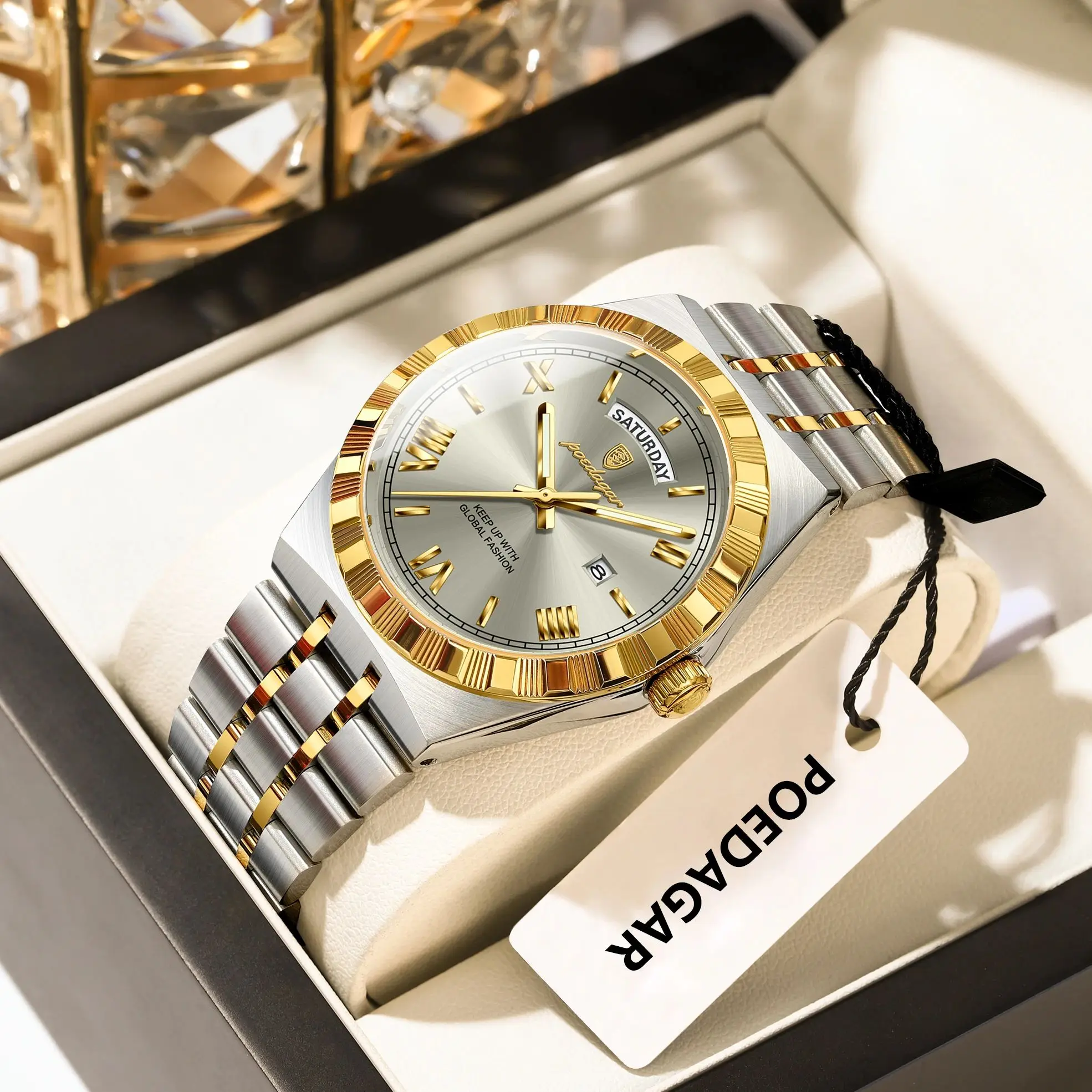 Poedagar original masculino relógio luminoso à prova dwaterproof água semana data relógio de pulso masculino aço inoxidável negócios quartzo relógios presente + caixa