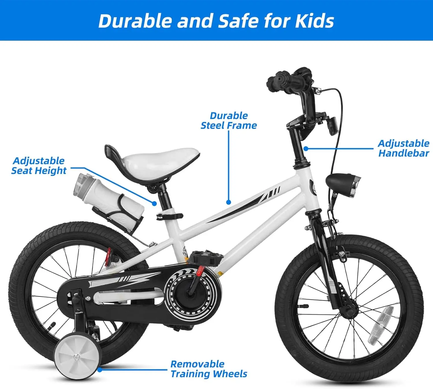 Kids Bike for Ages 3-8 Years Boys Girls, 12 14 16 Inch Children Bicycle with Training Wheels and Headlight, Adjustable Seat Hand
