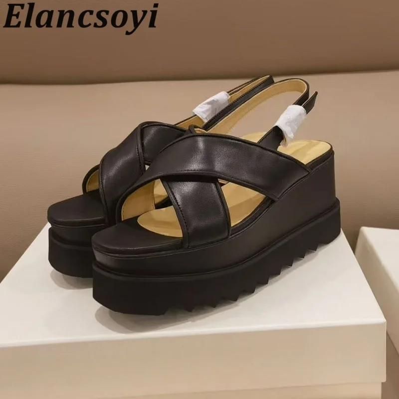 Sandalias Summer Women Crossover Design Waterproof Platform Sandals Patent Leather Closed Toe Back Strap Thick Bottom Gladiator