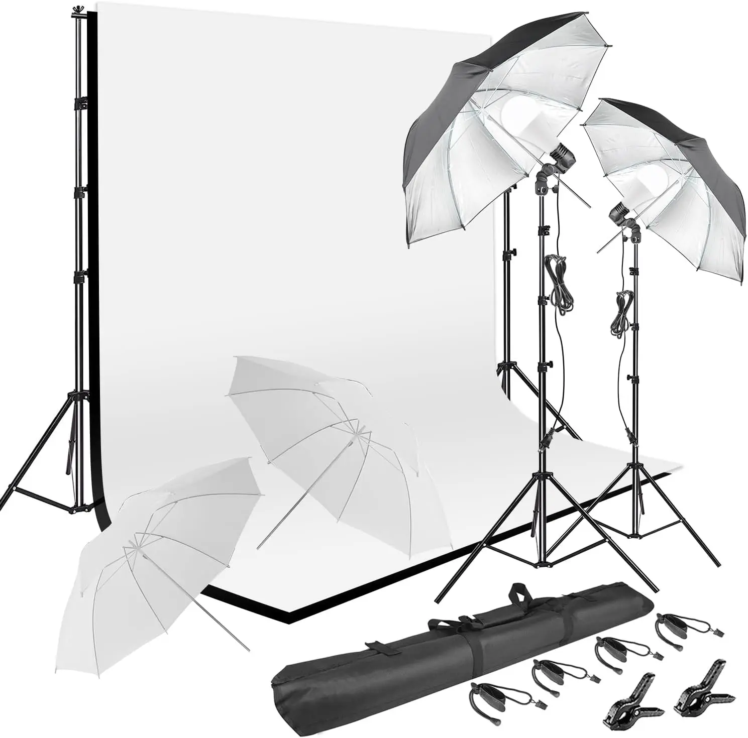 

85W LED Photography Umbrella Lighting Kit with White Black Muslin Backdrop, Clips, and Stand for Studio Shooting