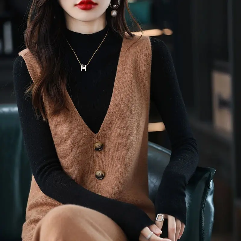 Pullover knitted vest skirt long V-neck casual loose sweater solid 2023 autumn and winter knitted sleeveless women vest sweater