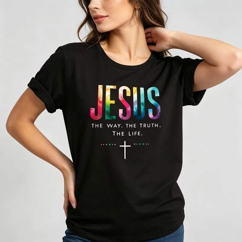 “JESUS the way the truth the life” T-Shirt for  Christian Faith Cross Graphic Print Casual Cotton Top Religious Female Tee Gift