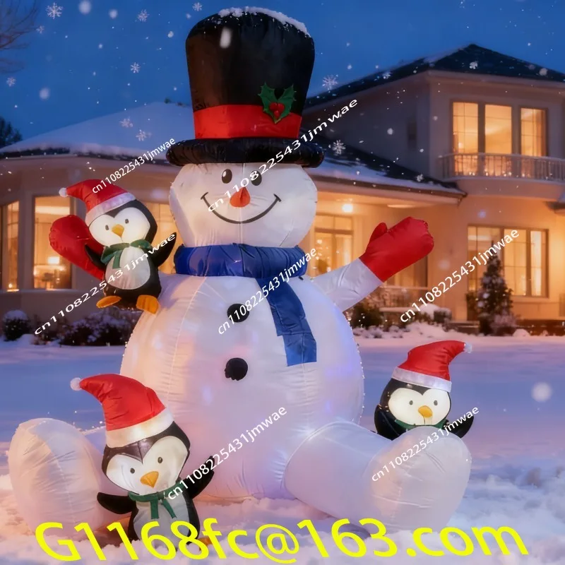 2.1M Christmas Inflatable Snowman, Three Penguins, Colorful Outdoor Party Lights, Inflatable Decorations