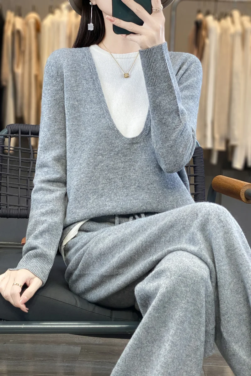 Women 100% Merino Wool Two-piece Suit U-Collar Splicing Pullover Straight Pants Autumn Winter Loose Comfortable Knitwear Sweater