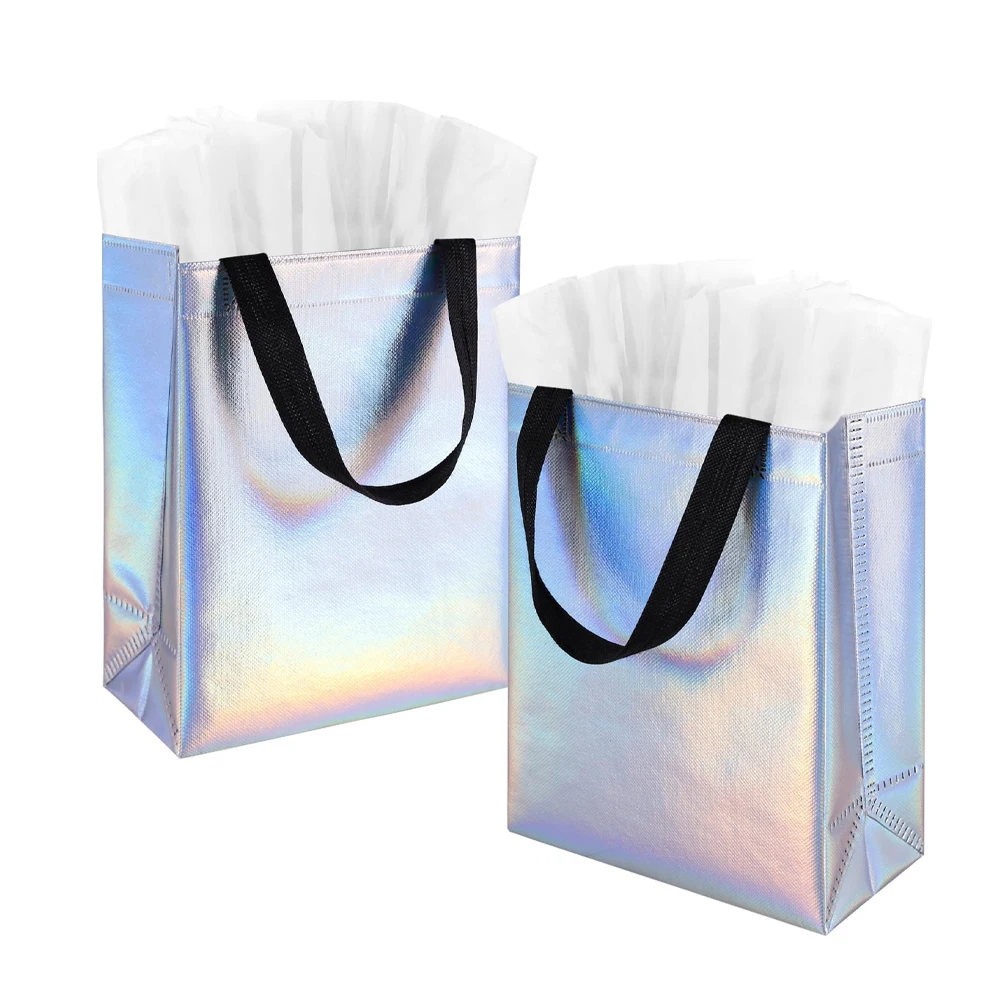 6pcs Storage Bags Reusable Iridescent Gift Bags with Black Handles - Perfect for Birthdays, Parties and Gifts