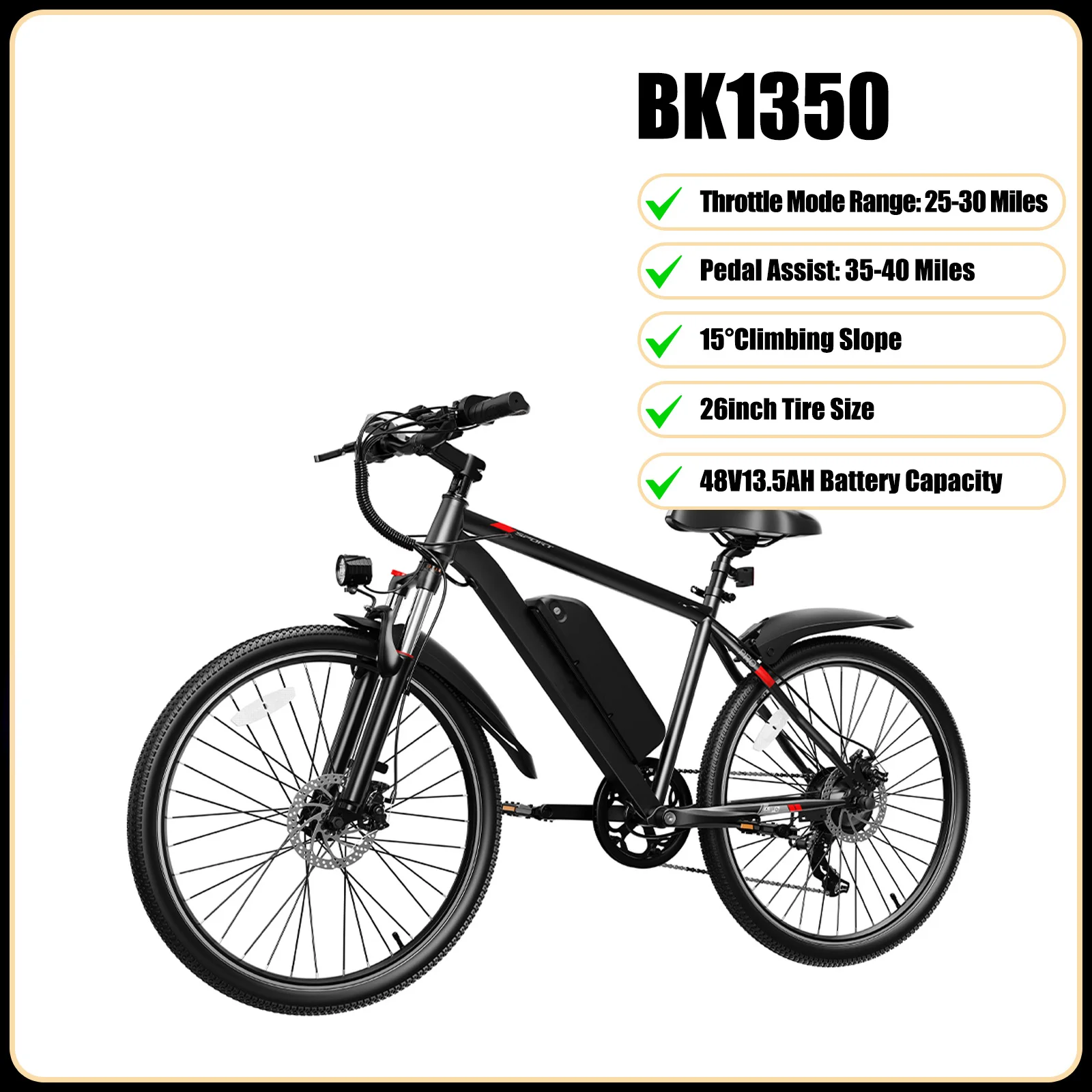 JUICEASE 26 Inch Elektrische Fiets 48V13.5AH Batterij Smart APP Besturing Elektrische Fiets 25-40 Mijl Bereik 15 ° Klimmende off-road e-bike voor woon-werkverkeer