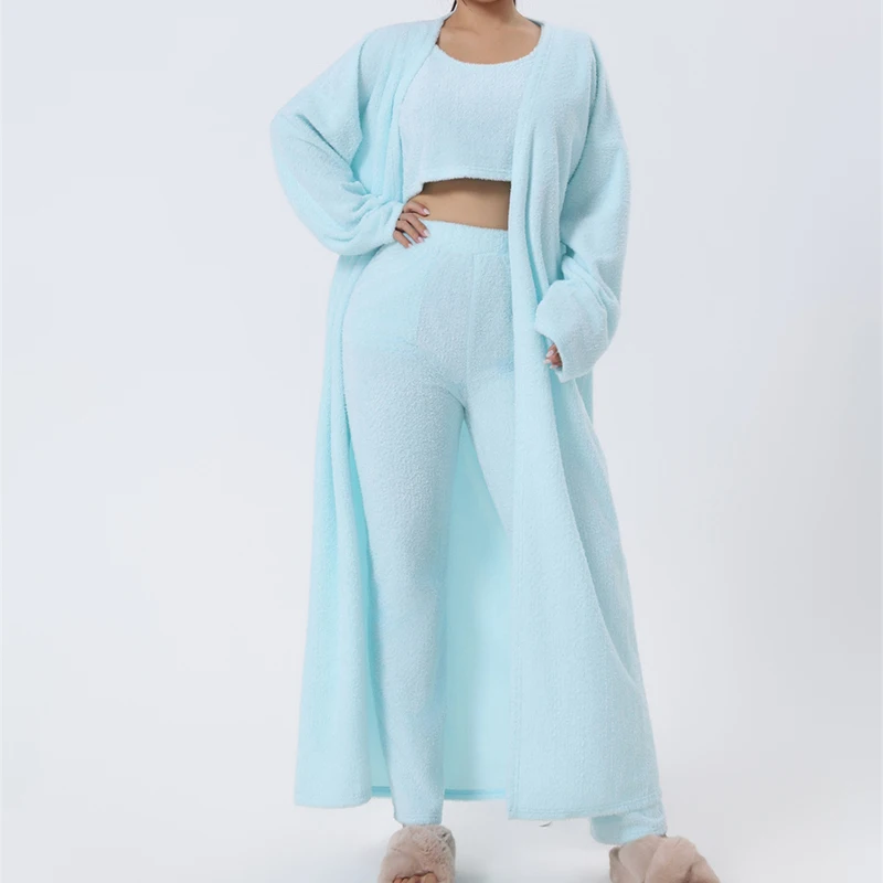 Cozy Knit 3 Pieces Set Fluffy Pajamas Women Casual Sleepwear Tank Top and Shorts Plus Size Hoodie Leisure Homsuit Winter Pijamas