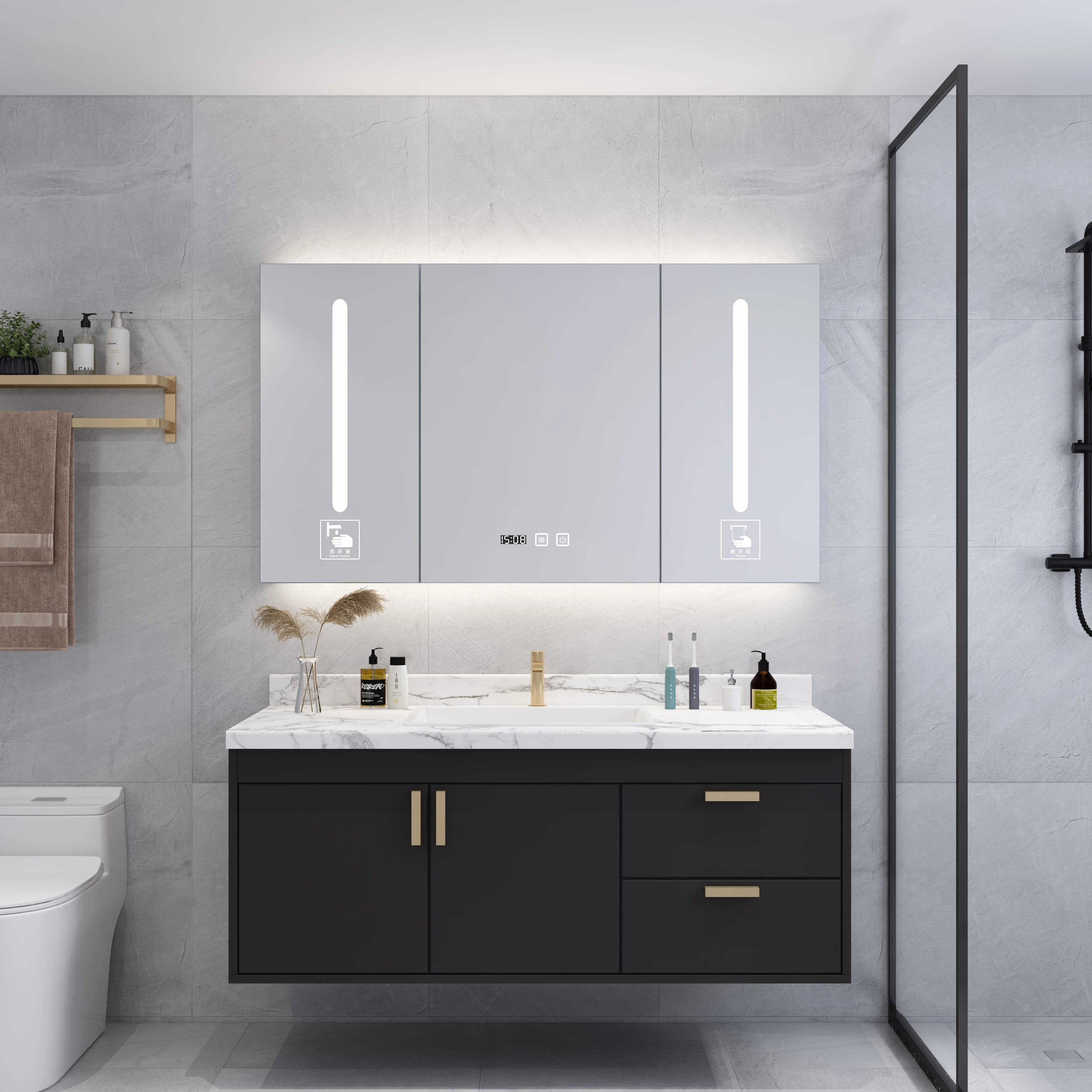 

Bathroom Vanities Multi-Functional Stainless Steel Waterproof Anti-Fog LED Mirror Cabinet Black Bathroom Vanity Set
