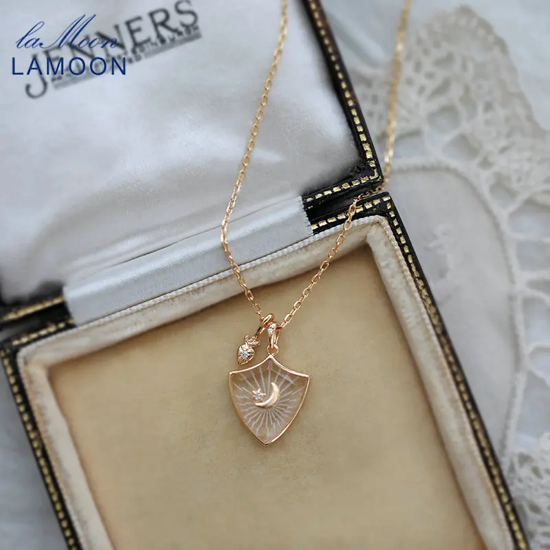 LAMOON Natural Crystal Necklace Fine Women Moon Star Heart Pendant 925 Sterling Silver Gold Plated Fine Jewelry Vintage Bijou