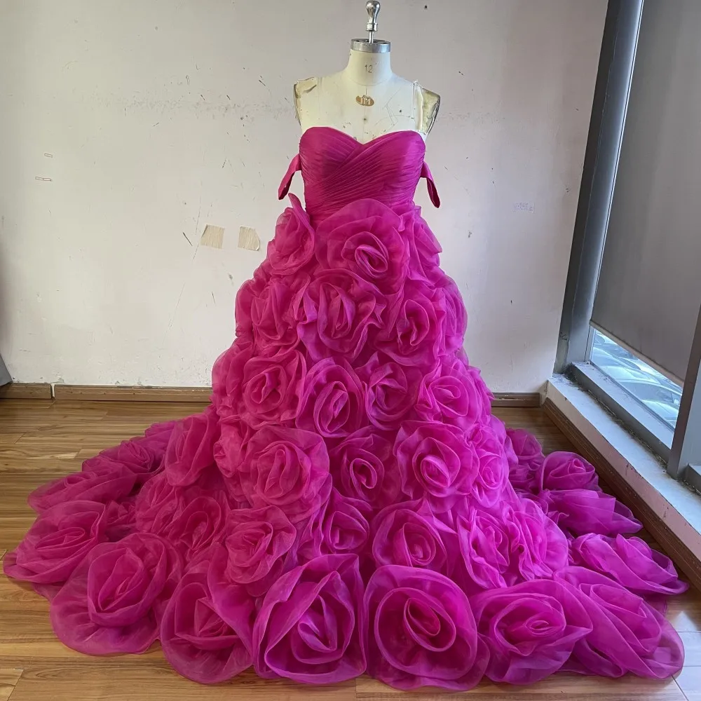 Striking Fuchsia 3D Flower Wedding Dresses With Floral Long Veil 100% Real Image Tulle Long Prom Gowns Handmade Bridal Dresses