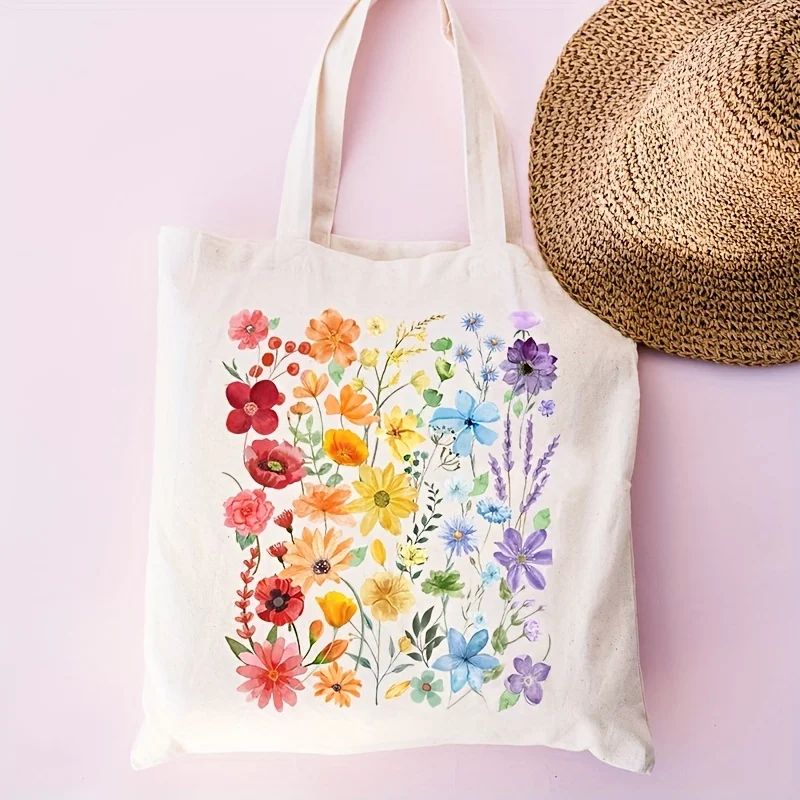 Wildflowers Tote Bag Pattern Canvas Tote Bag Shopping Bags Xmas Ornament New Year Gift for Girls Handbag Student Friend Gift