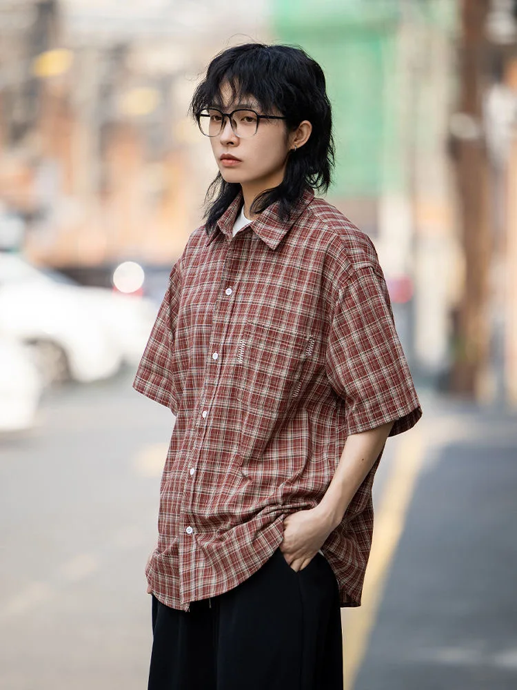 

Retro Japanese Sle Loose Plaid ort Sve irt Men's Casual Versatile f Sve irt Trendy Summer Youth Faion