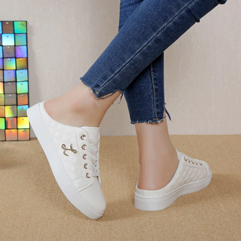 Summer White Half Slippers Women Vulcanization Shoes Female Retro Low Top Flats Breathable Lazy Loafers Outdoor Walking Shoes