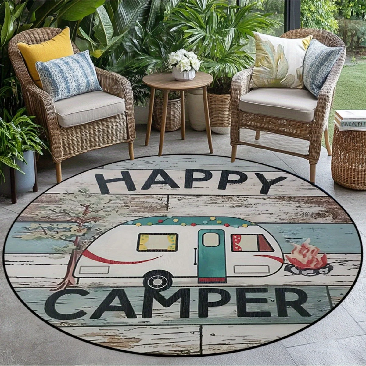 

1pc Happy Camper Round Rug, Crystal Velvet Fabric, Suitable for Bedroom Living Room Decoration