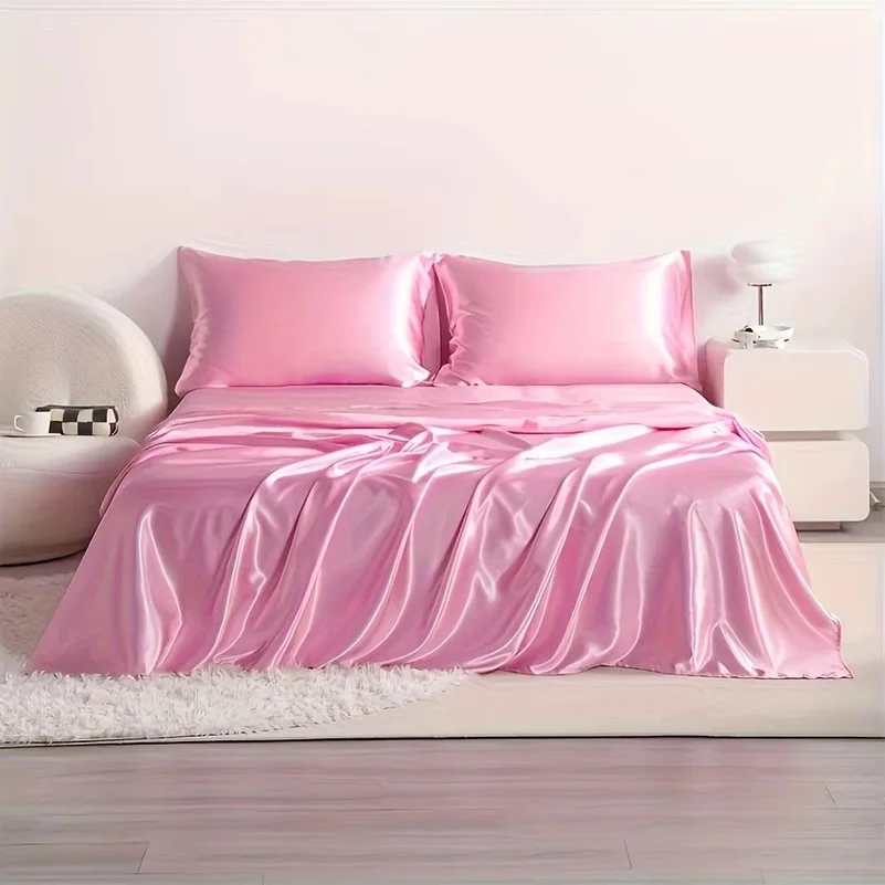 4pcs Cooling Satin Bed Sheet Set, Shrink-Resistant, Fade-Resistant, Hypoallergenic, Breathable, Flat Sheet & Fitted Sheet & Pill