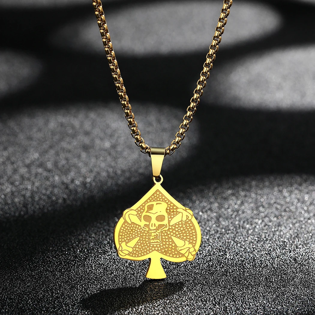 Kinitial Skull Ace of Spades Stainless Steel Exquisite Pendant Necklace For Men Women Gothic Jewelry Charm Anniversary Gifts