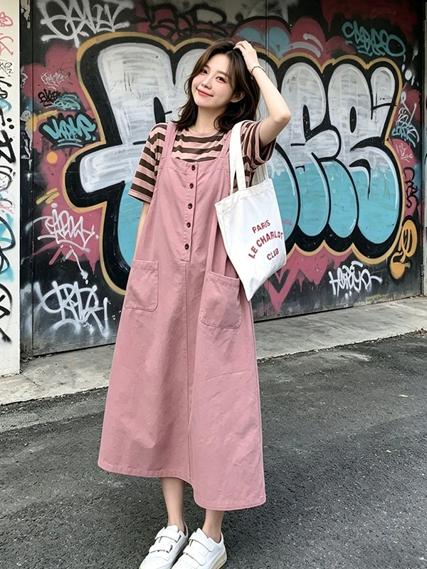 

plus Size 300 Pounds Pink Vest Skirt Women Summer Striped Korean Version Short Sleeve T-Shirt Slimming Casual Two-Piece Set