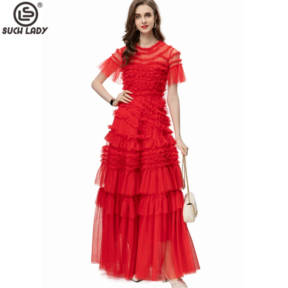 

Women's Runway Dresses O Neck Short Sleeves Ruffles Striped Elegant Layered Mesh Designer Party Prom Evening Vestidos