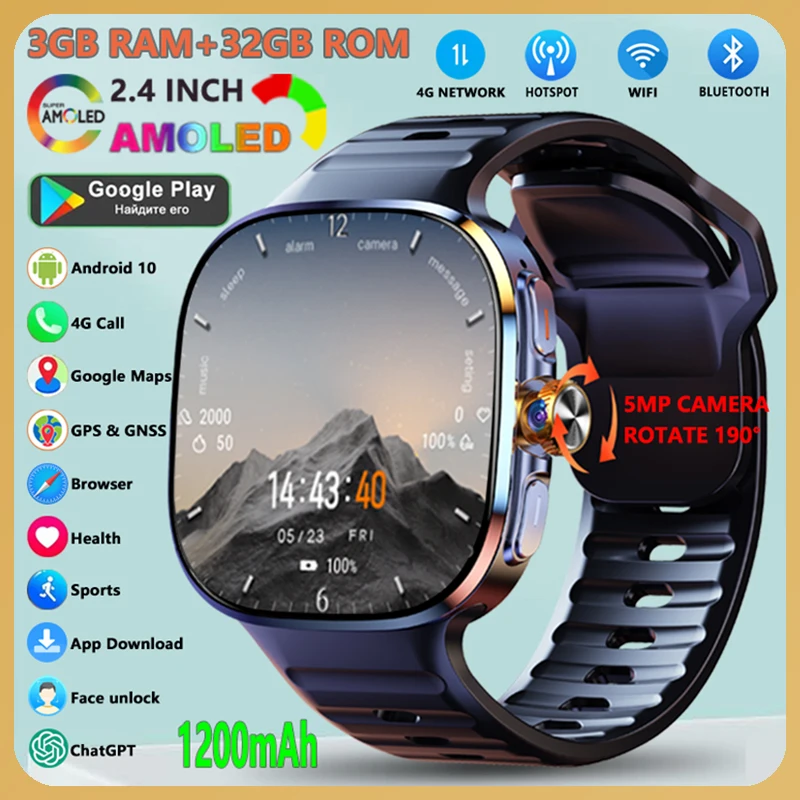 2.4″ AMOLED Smart Watch 4G Android Smartwatch With 5MP 190° Camera Support Call WIFI Hotspot Bluetooth GPS Maps Face Unlock