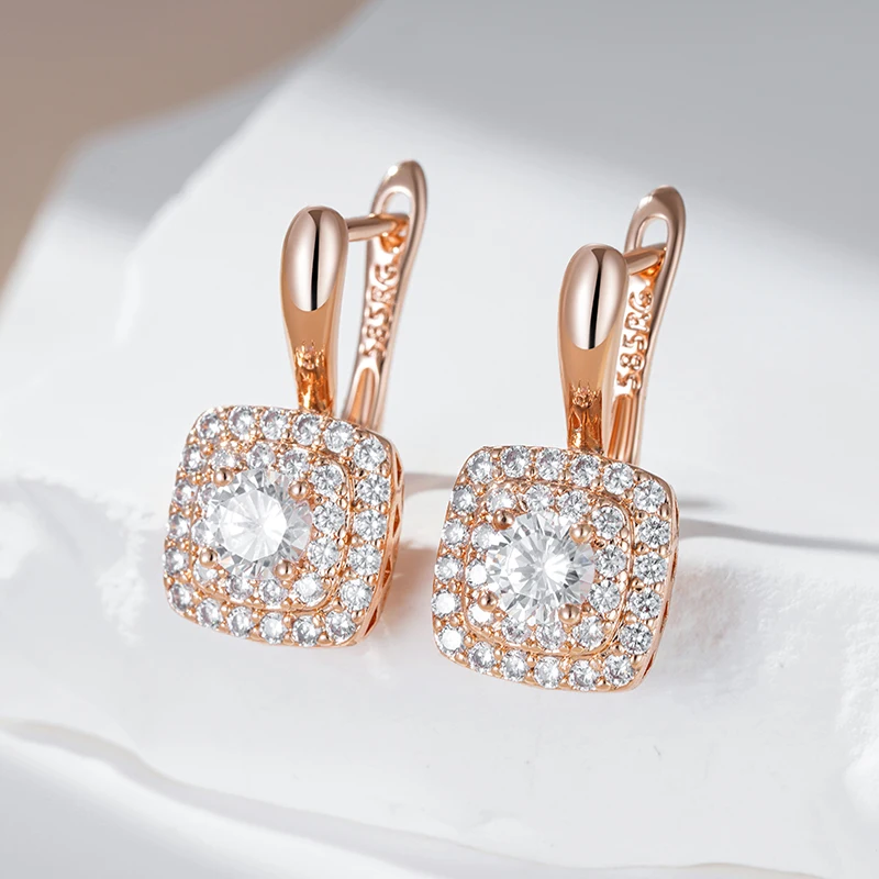 Kinel Hot Shiny Natural Zircon Square Drop Earrings For Women Trend 585 Rose Gold Color Bride Wedding Fine Jewelry Crystal Gift