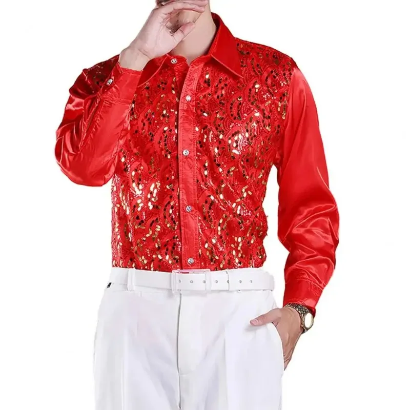 KIDWHXR Men Formal Casual Shirt Tops Slim Long Sleeve Single-breasted Man Shirts Wedding Stage Male Sequins Performance Shirt