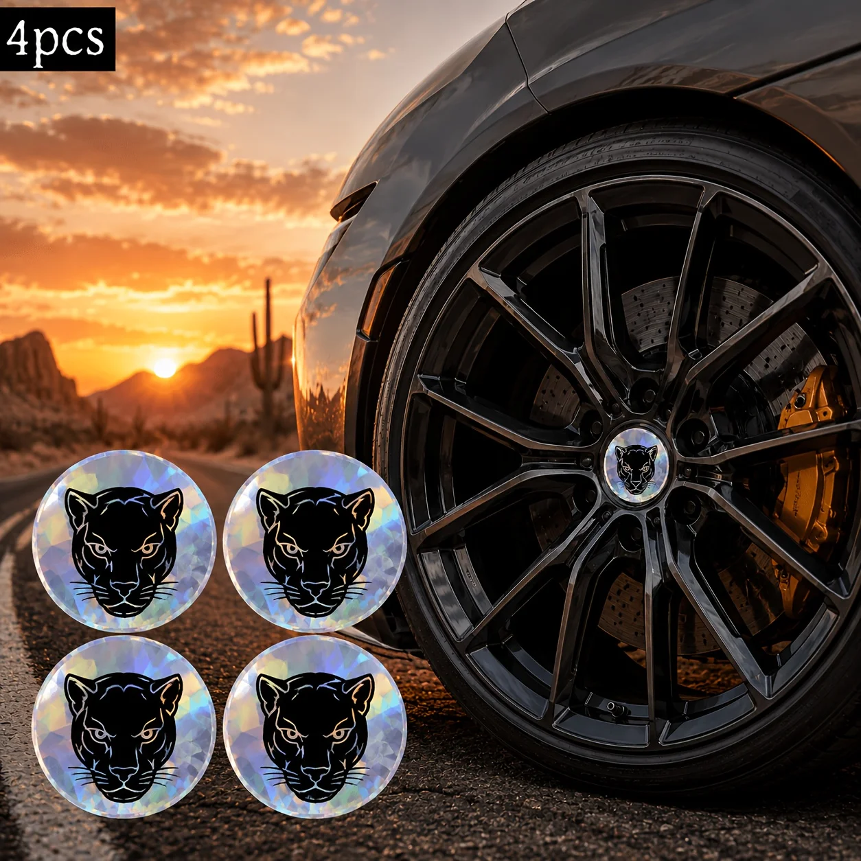 4Pcs Holographic Crystal Black Panther Head Wheel Center Cap Stickers, Iridescent Transparent Round Rim Badge Decals