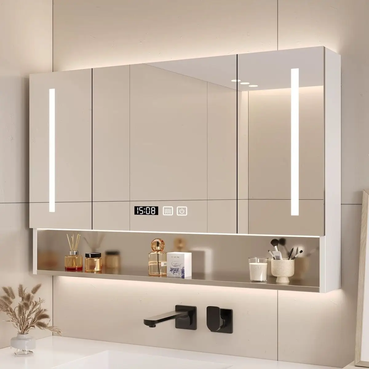 Production d'armoire à miroir de salle de bains en acier inoxydable 304, armoire intégrée, toilettes murales, maquillage, rangement intelligent