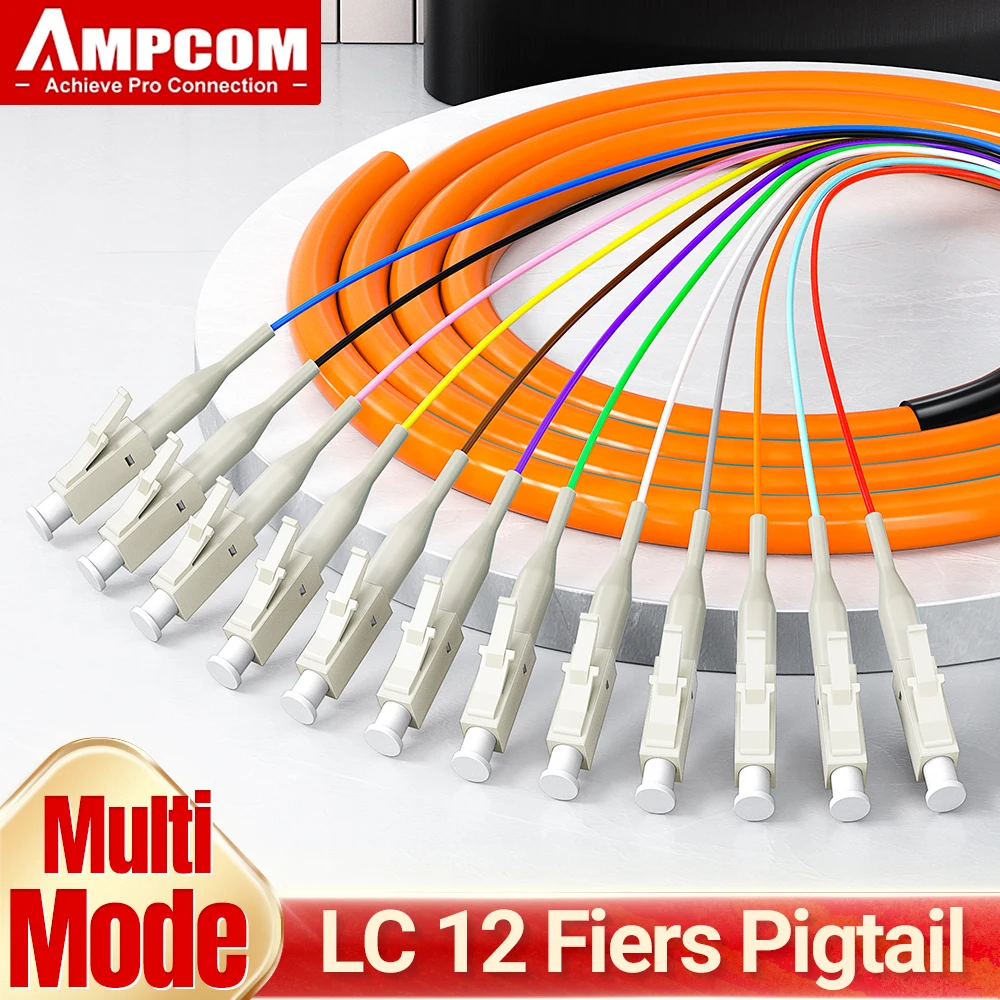 AMPCOM Fiber Optic Pigtail Assemblies, 12 Fibers LC Multi Mode 50/125μm LSZH UPC 12-bundle Pigtails for Fusion Splice Tray 1.5m