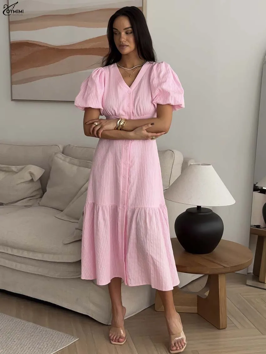

Oymimi Elegant Pink Cotton Womens Dresses Fashion V-Neck Short Sleeve Single Breasted Dresses Casual High Waist Mid-Calf Dress