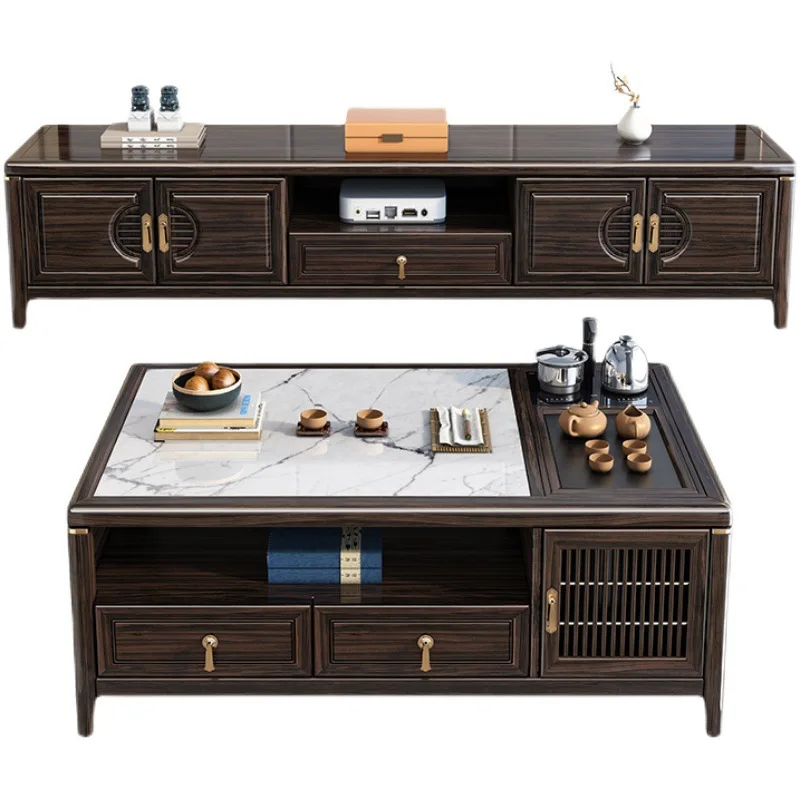 

New Chinese-style solid wood TV cabinet coffee table tea integrated combination household small apartment living room ebony