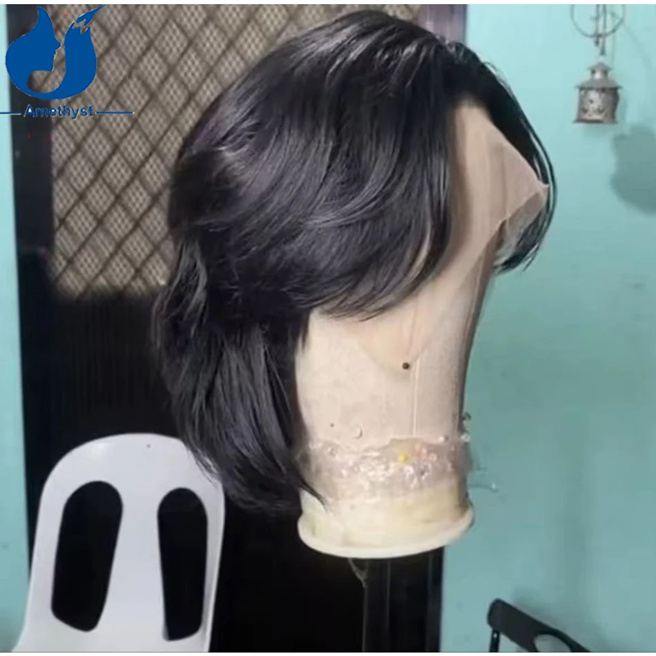 

Amethy Men's Mullet Wig Layered Natural Black Short Cut 13X6 Lace Front Wig Brazilian Remy Human Hair Pre Styled Straight