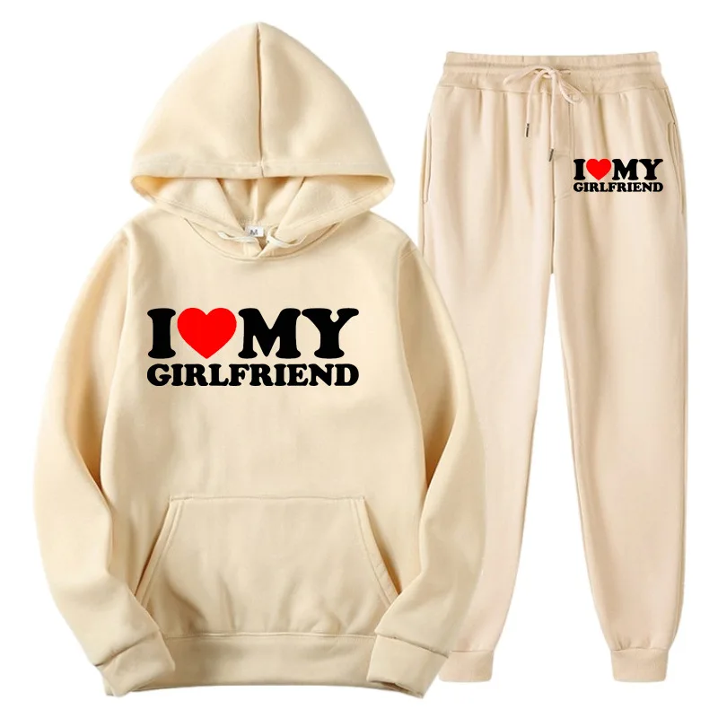 New I LOVE MY GIRLFRIEND Print Men Women Tracksuit Hoodies Thick Pullover and Long Pant Set Men Autumn Fleece Jogger Sports Suit