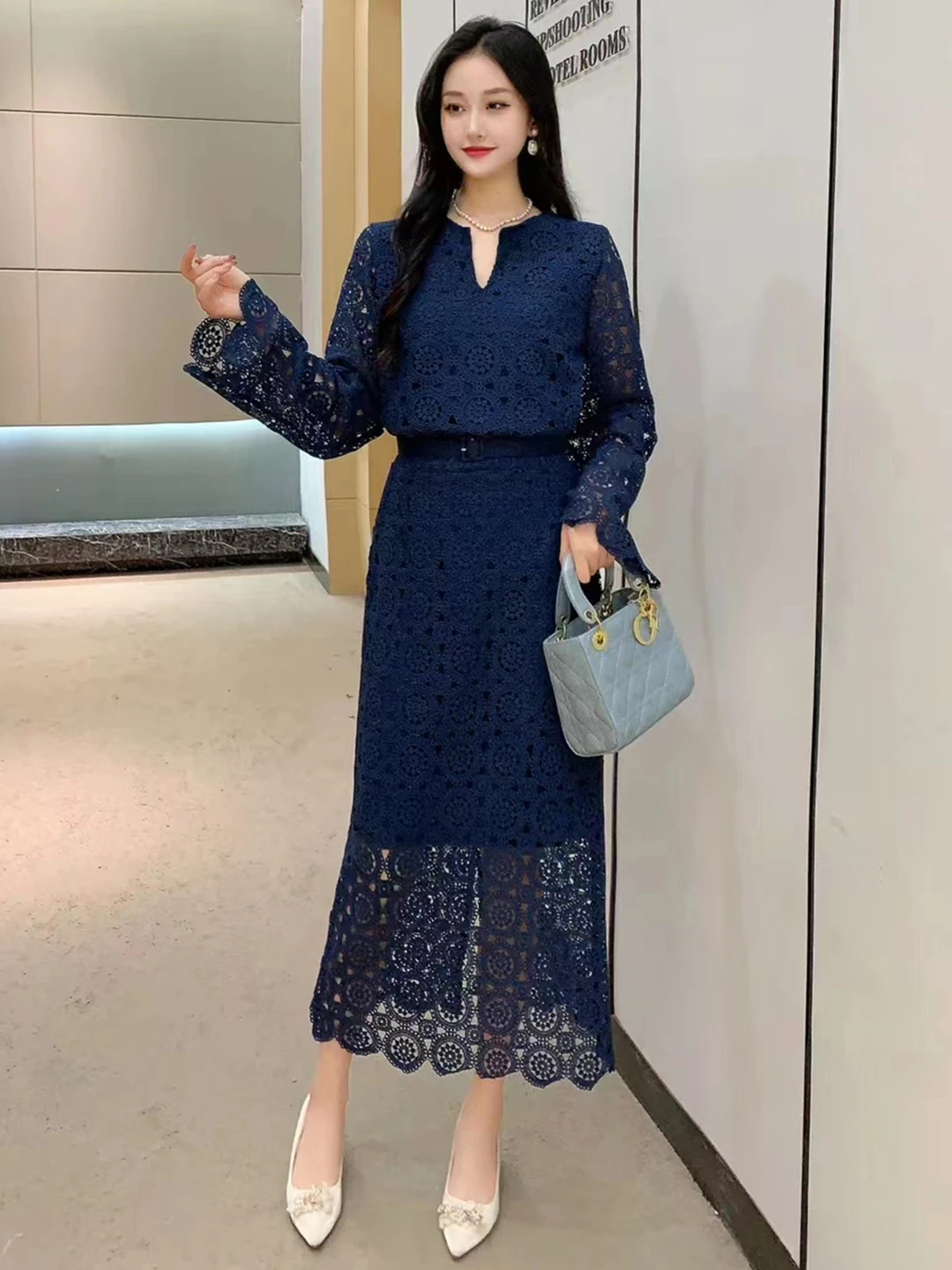 2024 New Spring Autumn Women Vintage Hook flower hollow Lace Skirt Suits Elegant Long Sleeve Top And Long Skirt Two Piece Set