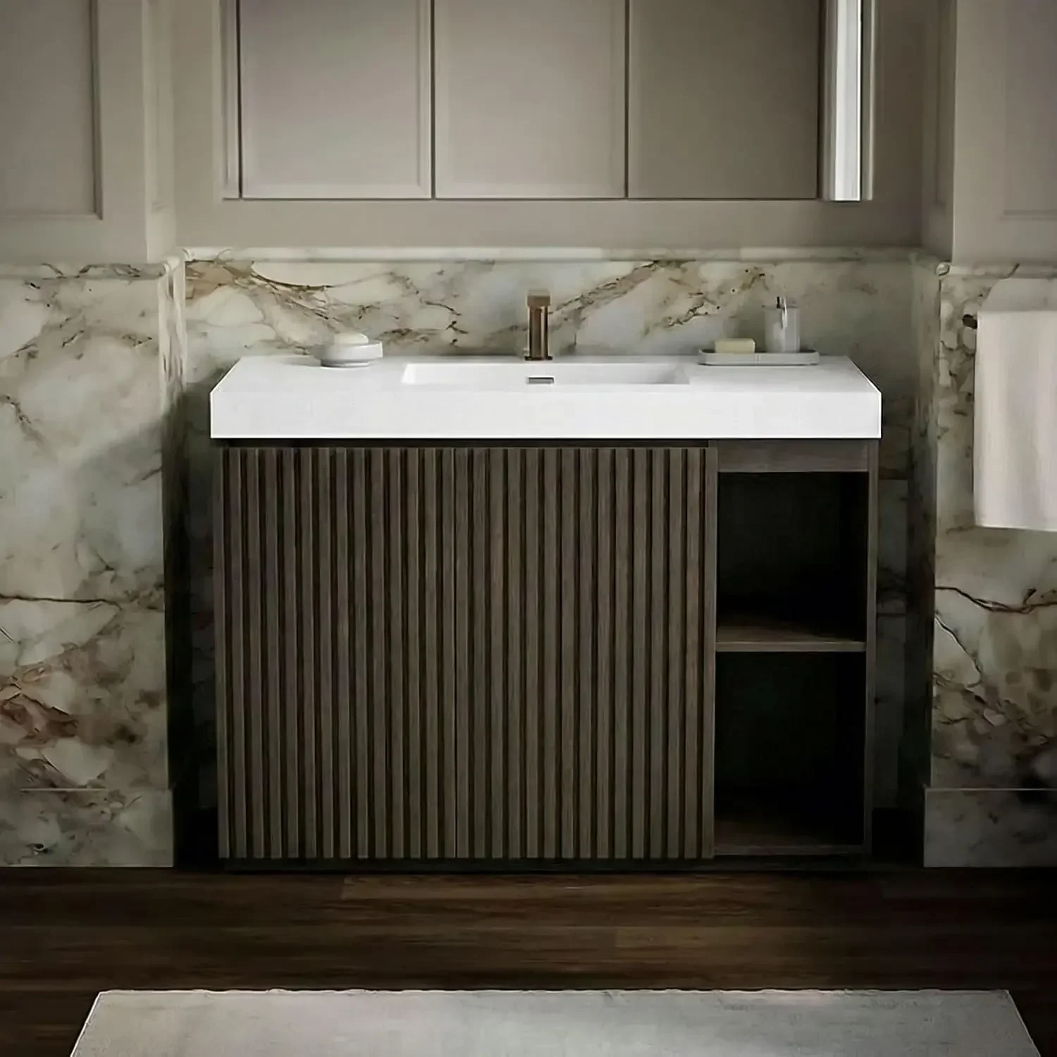 

48" Mid Century Vanity Cabinet Sink Combo, Doors & Open Shelf, White Integrated Sink Overflow, Dark Grey Oak, Custom