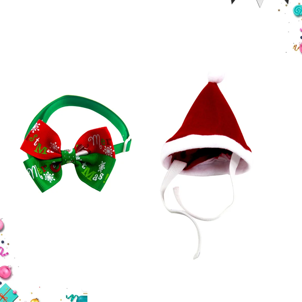 Set di cappelli natalizi per animali domestici da 2 pezzi Costume per animali alla moda con colletto con fiocco e cappello per cani Gatti Festa di nozze Abbigliamento festivo