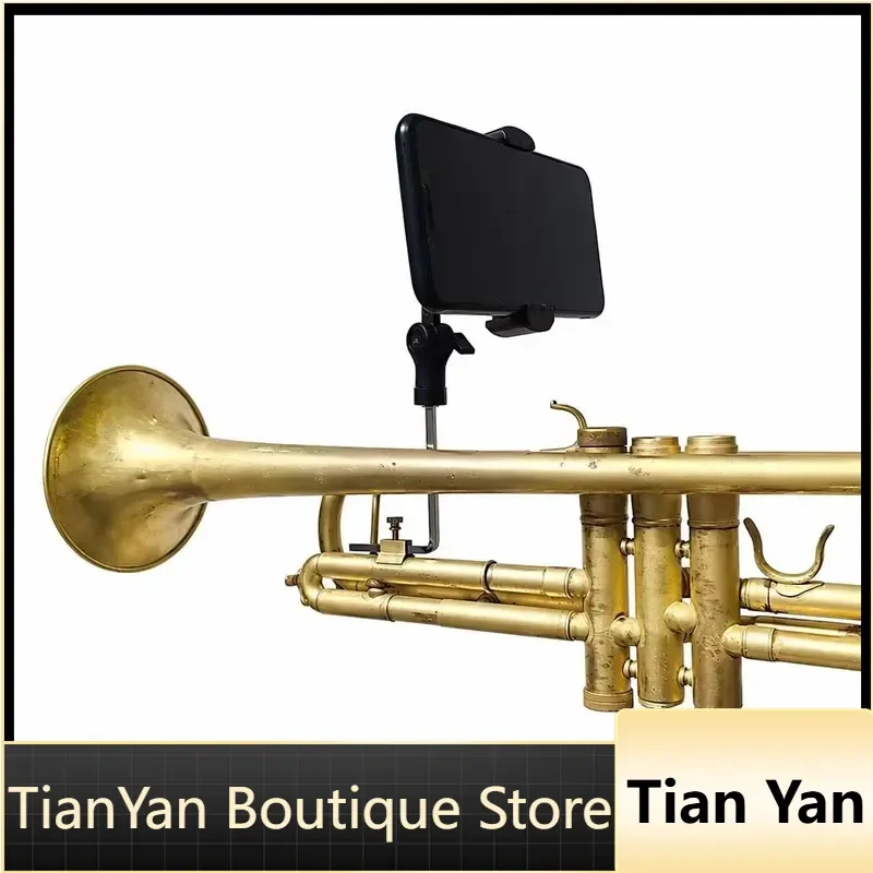 EE1 360 Rotating Trumpet Smartphone Holder Music Stand Reading Phone Clip Sheet Music Stand Brass Rod with ABS Chuck