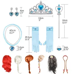 Conjunto de acessórios de princesa elsa e anna para meninas, acessórios de festa para crianças, aurora, bela sofia, varinha mágica em flocos, coroa, luvas, trança