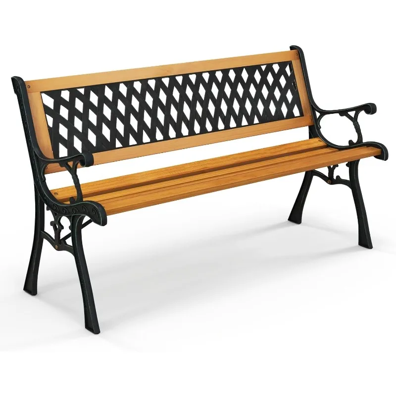 

Outdoor Garden Bench Park Bench, Patio Bench Chair with Cast Iron & Hardwood Structure, Weather Proof Porch Outdoor Furniture