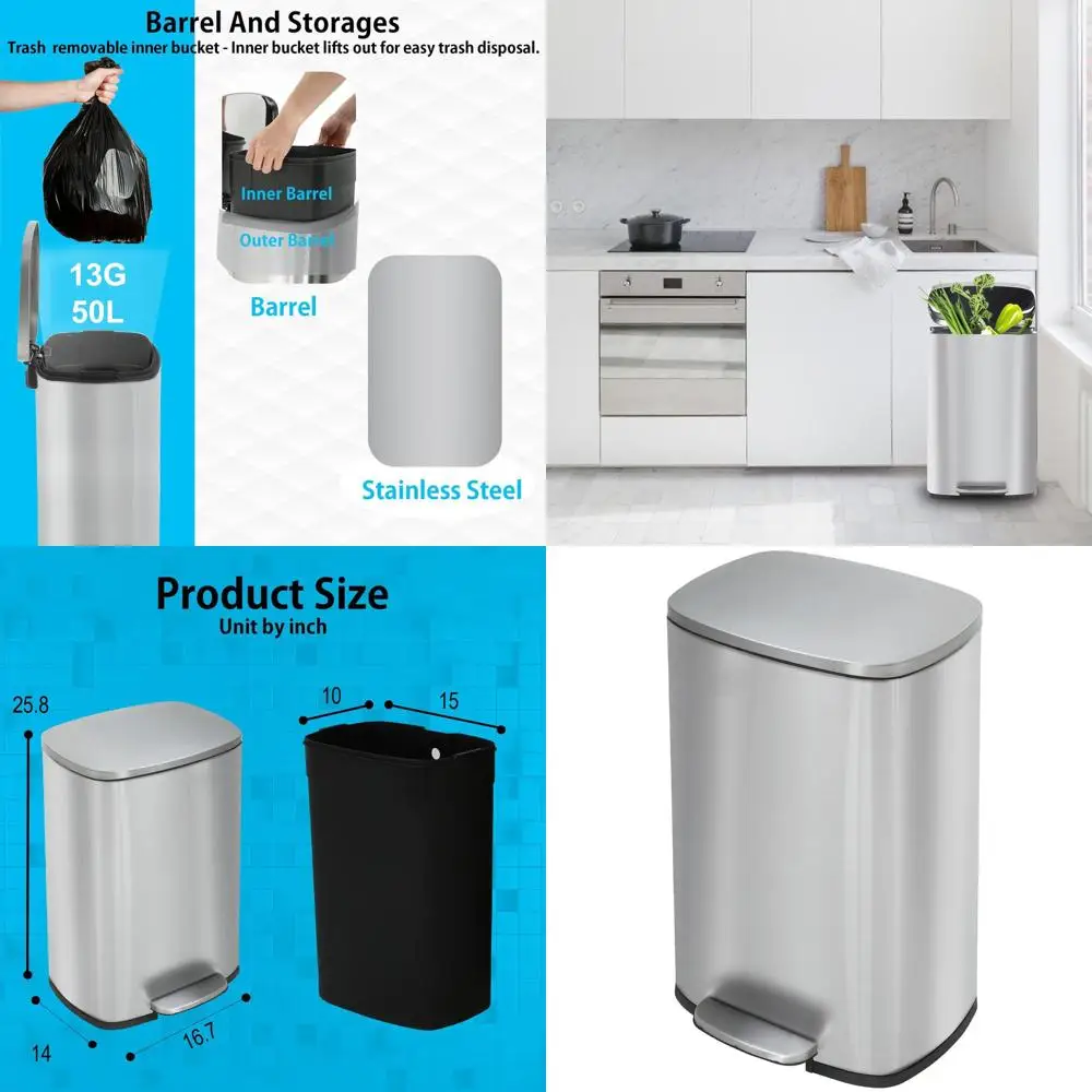 50-Liter-Küchen-Mülleimer aus Edelstahl mit Deckel, abnehmbarem Eimer, Fußpedal und Absenkautomatik für Heim- und Bürorecycling