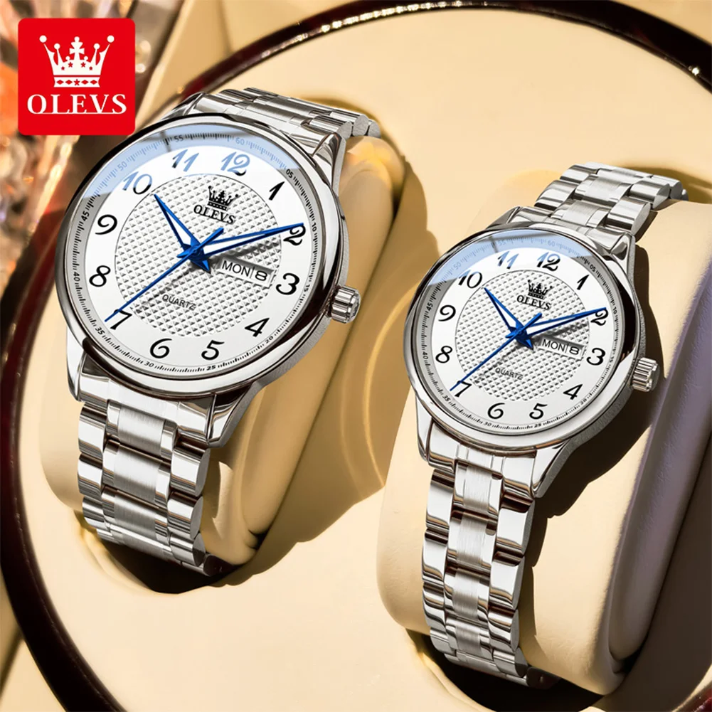 OLEVS 5667 Original Lover's Quartz Wristwatches High Quality Solid Steel Strap Waterproof Watch for Man Woman Couple Watch Gifts